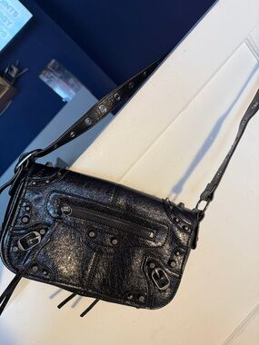 Black Cracked Leather Crossbody Bag With Stud hardware